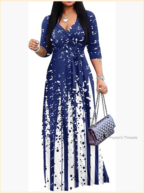 Dresses & Skirts - Women's V-Neck 3/4 Sleeve Maxi Dress with Tie Waist - Casual Flowy Silhouette